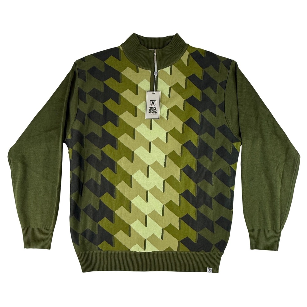 Stacy Adams‎ Quarter Zip Sweater Mens XL Olive Green Geometric Pattern 5104 NWT